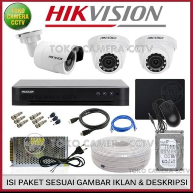 PAKET CCTV HIKVISION 2MP 4 CHANNEL 3CAMERA HDD 500GB