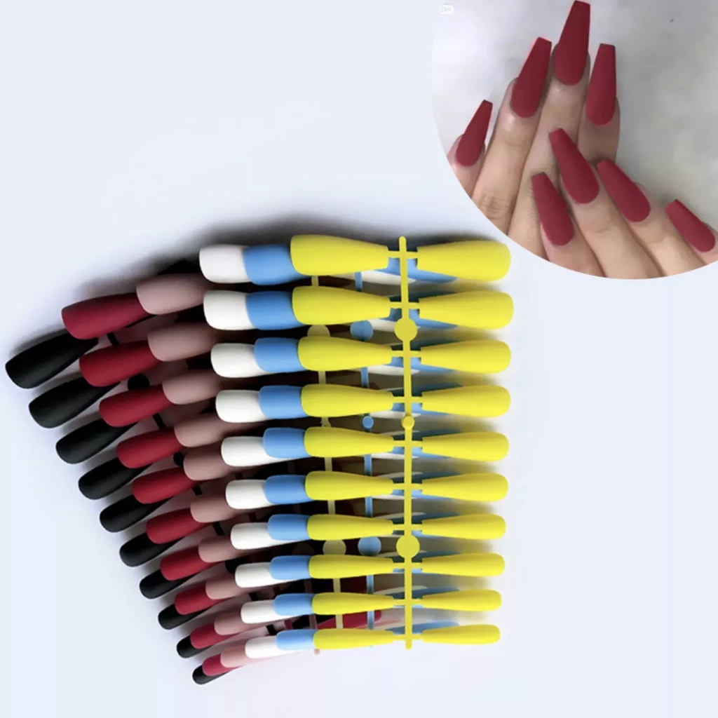 24pcs / Set Kuku Palsu Panjang Full Cover Warna Matte Polos Bahan Akrilik Untuk Manicure Diy