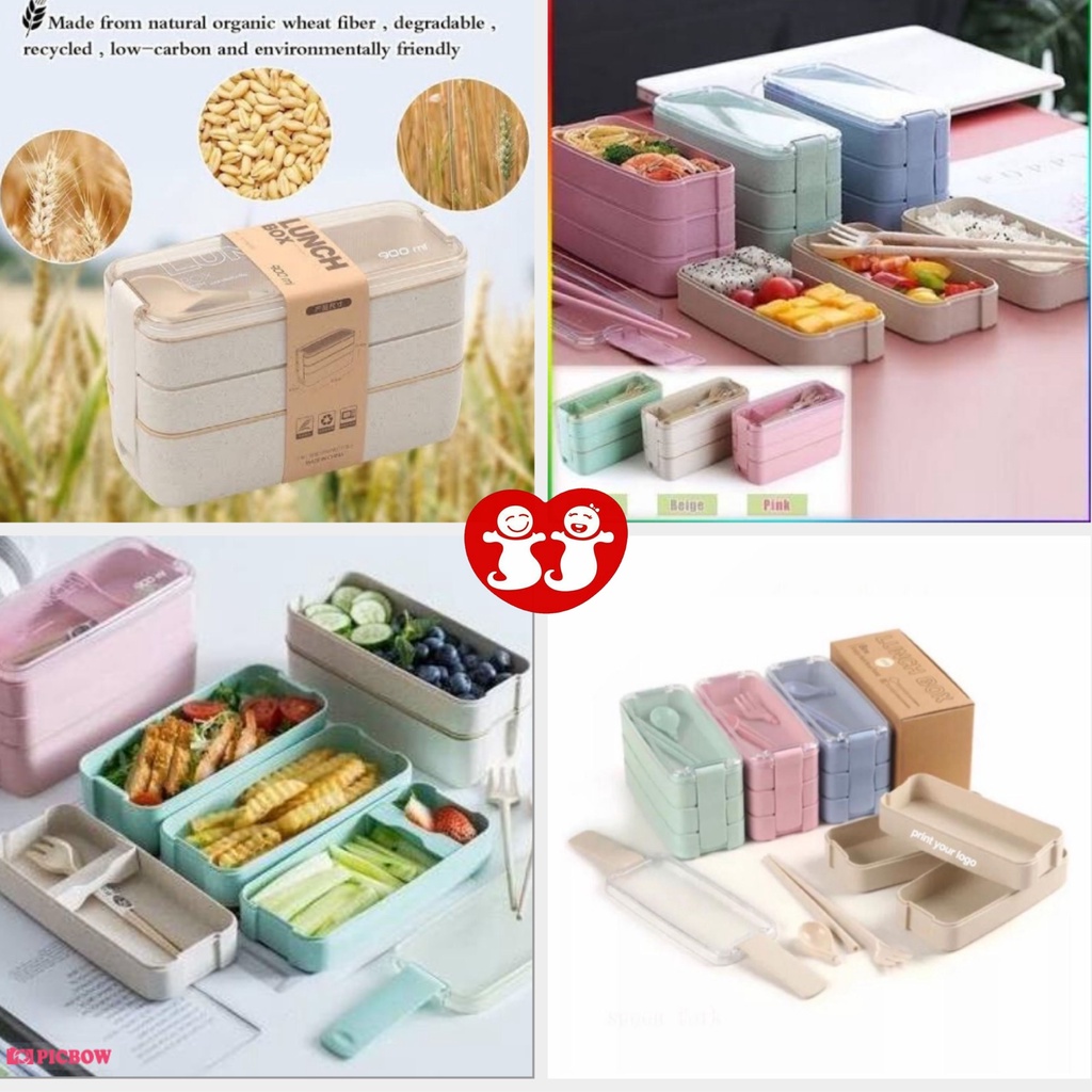 Lunch Box Kotak Makan 3 Susun Tingkat Sendok Set Bento Jerami