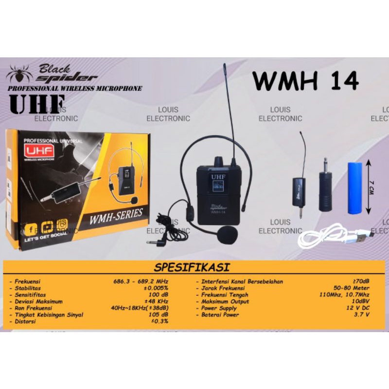 Mic Jepit Wireless Black Spider WMH 14 UHF Microphone Jepit Wireless Headset