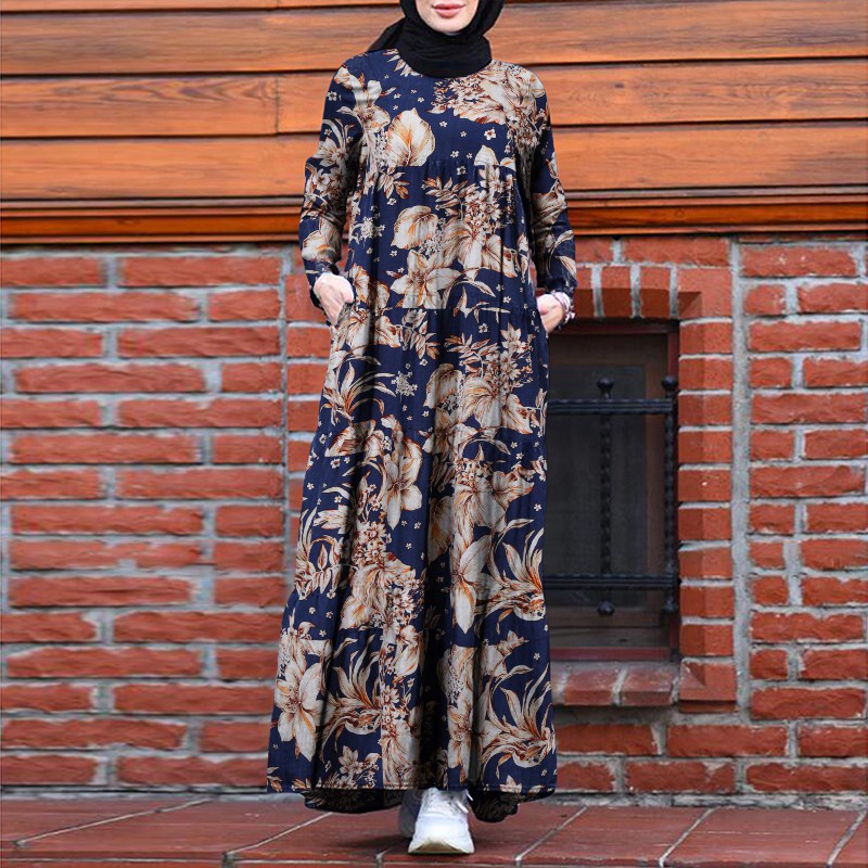 ZANZEA Women Long Sleeve Printed Vintage Back Zipper Muslim Maxi Dress