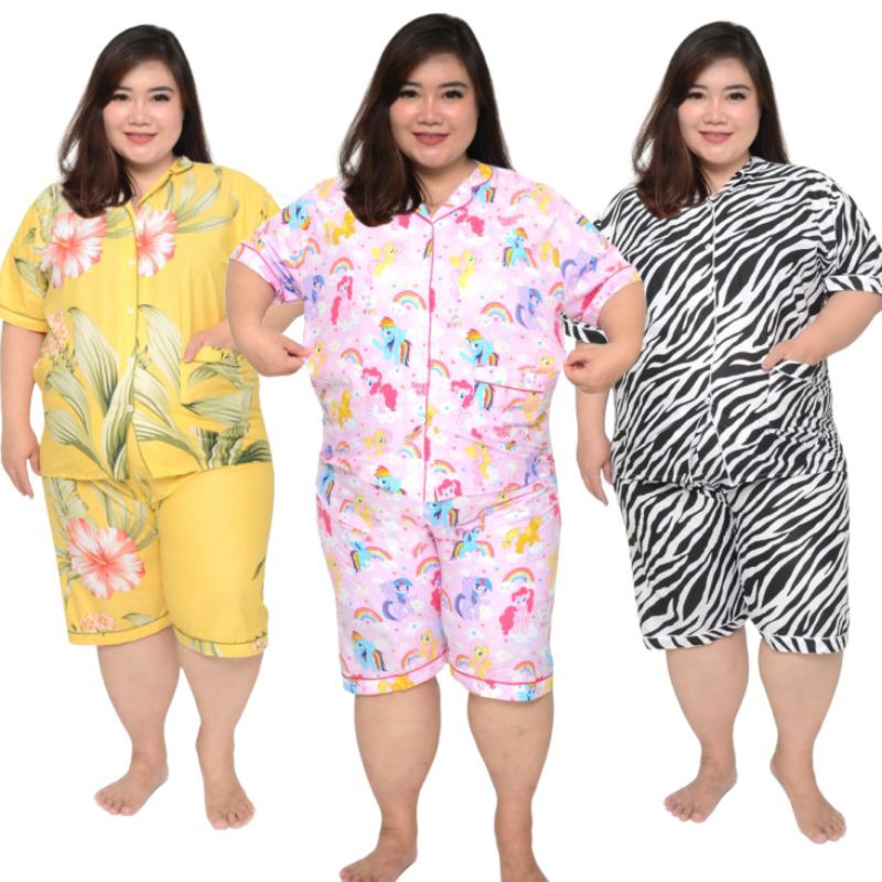 PIYAMA JUMBO CELANA PENDEK LD 140 SET BAJU TIDUR MOTIF KARAKTER WANITA