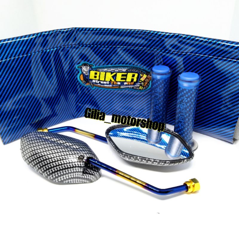 Spion karbon Twotone Honda plus Handgrip karbon biru plus kulit jok standar karbon (paket)