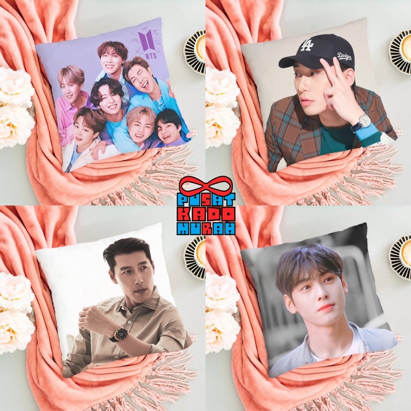Bantal Sofa Artis Actor Korea 🇰🇷 - BTS / BTS Butter / EXO / NCT / Song Joong Ki / Cha Eun Woo / Blackpink / IU / Hyun Bin / Park Seo Joon / Park Bo Gum 40x40 cm - Pusat Kado Murah