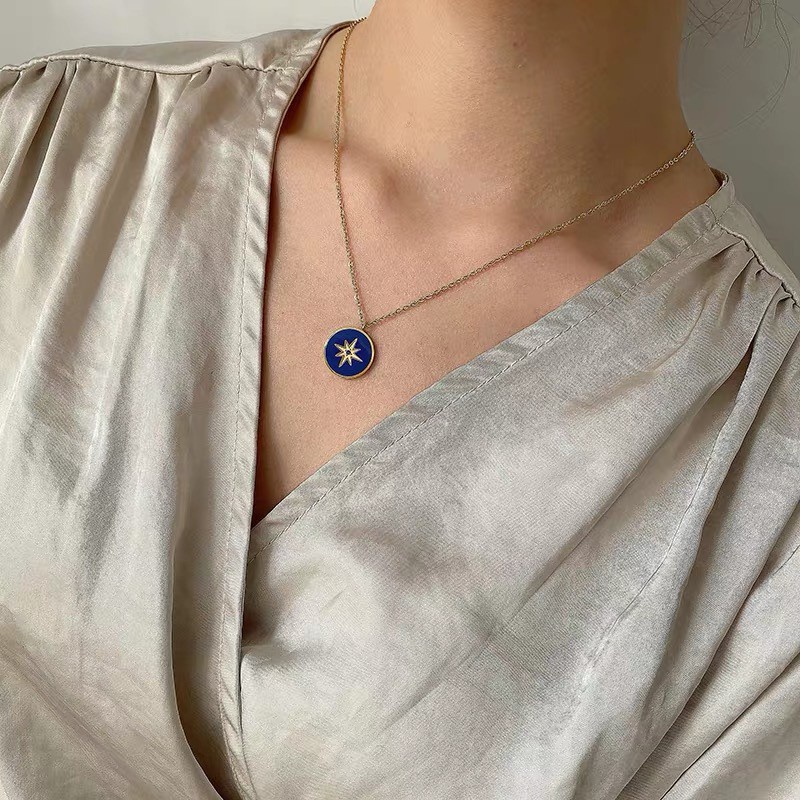 Kalung Desain Disk Enamel Warna Biru | Kalung Rantai Dengan Liontin Bintang Untuk Wanita | Aksesoris Bahan Titanium Steel 18K Warna Rose Gold | Perhiasan Bahan Stainless Steel