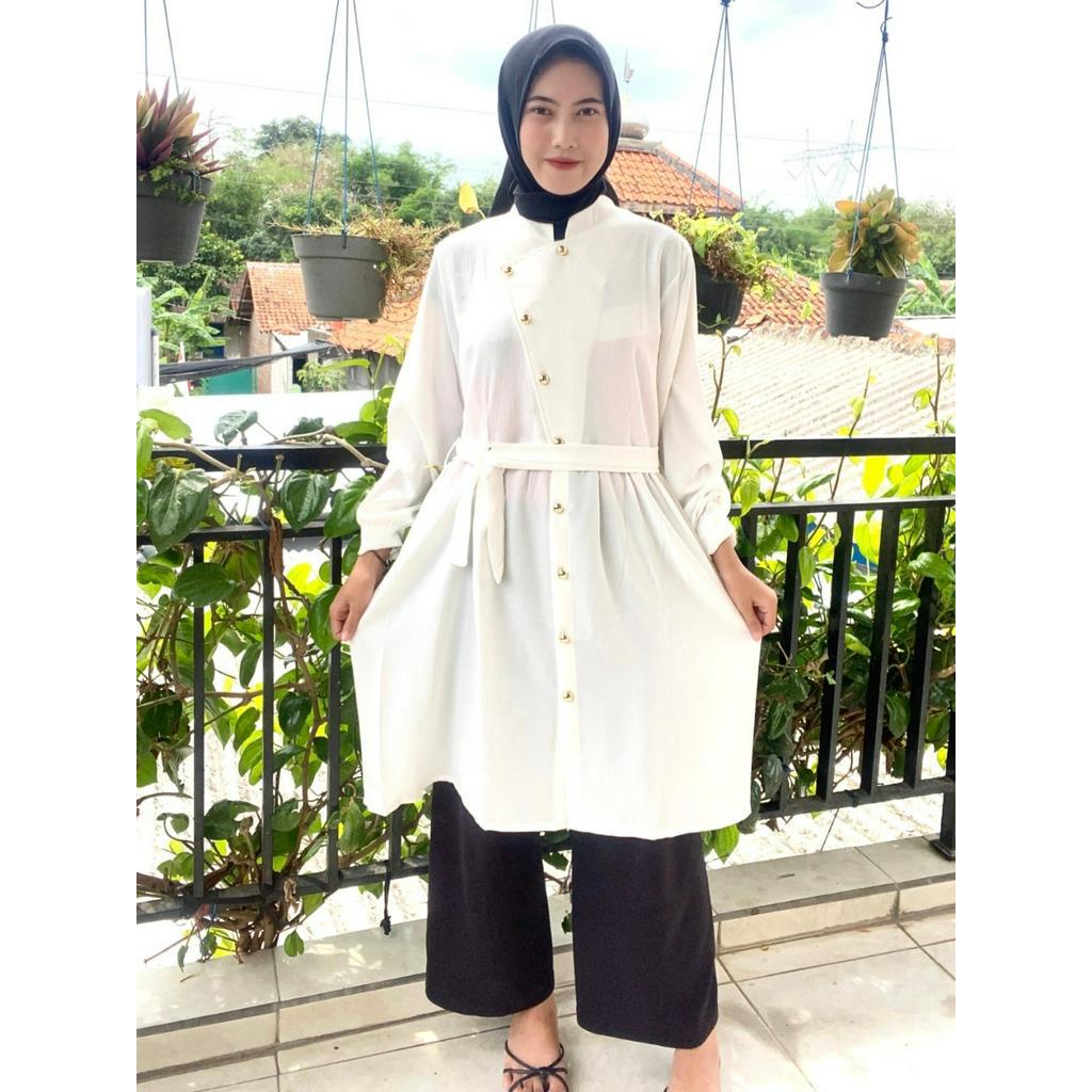Tunik Kekinian Wanita Hijab Muslim Variasi Tali pinggang Matt Crinkle Airflow