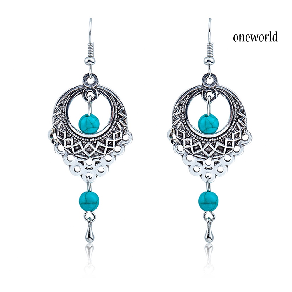 OW@ Boho Women Turquoise Bead Dangle Hollow Charm Hook Earrings Wedding Jewelry