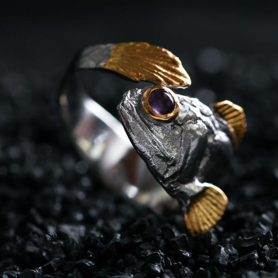 Cincin Desain Naga Ikan Handmade Bahan Metal Gaya Punk Klasik Untuk Pria Dan Wanita