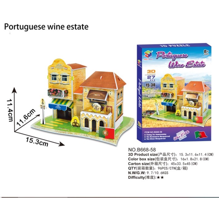 Miniatur Bangunan 3d - PORTUGUESE Building - Miniature 3D Puzzle DIY - Koleksi Pajangan - Pazel Bangunan Portugis