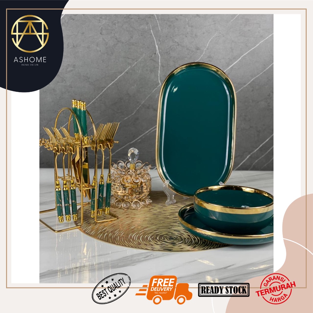 ASHOME Piring Set Lengkap Warna Hijau Emerald Gold isi 10 Pcs /  Piring Set Keramik List Emas / Piri