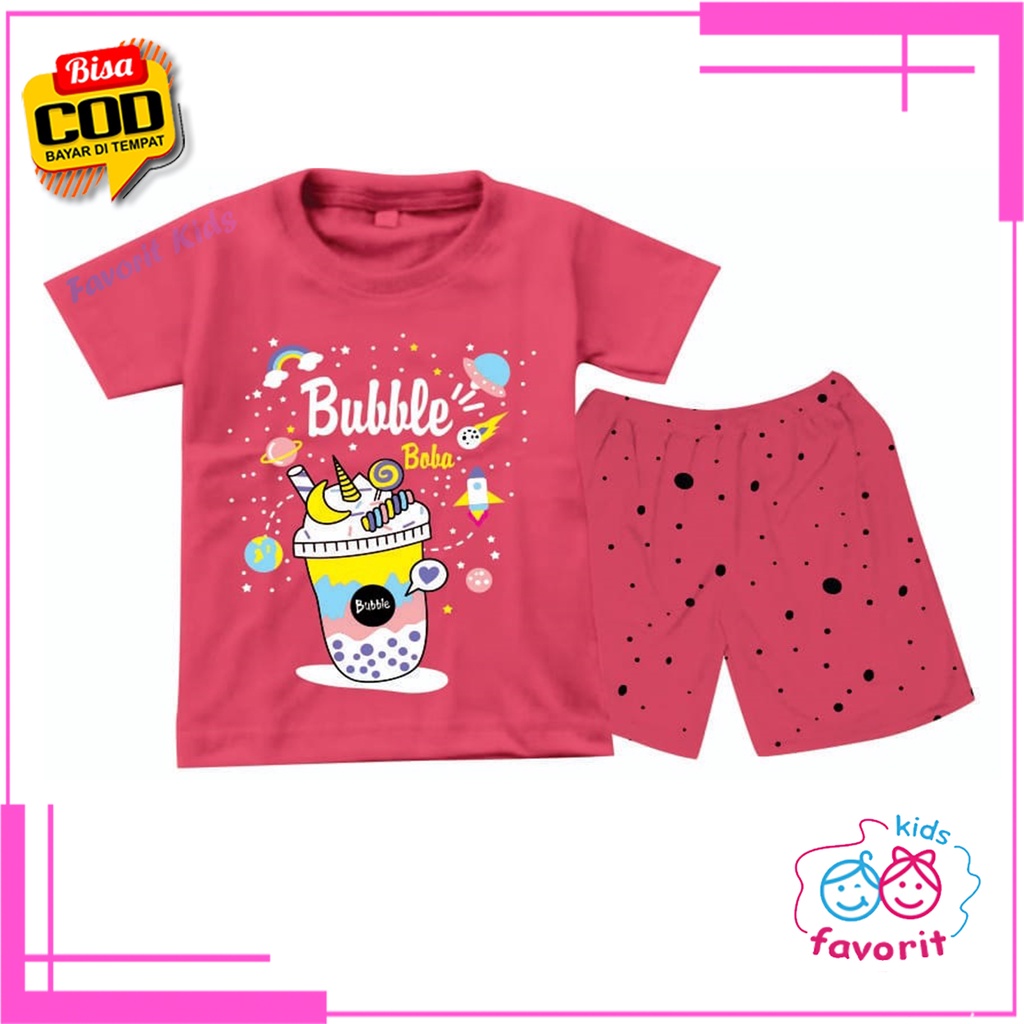 Favorit kids Setelan anak perempuan lengan pendek celana pendek gambar bubble BOBA pink