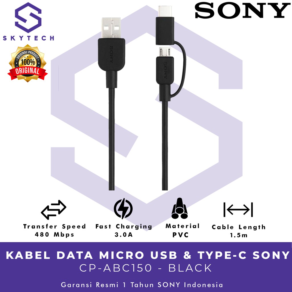 KABEL DATA MICRO USB &amp; TYPE C CP ABC150 BLACK ORIGINAL GARANSI RESMI