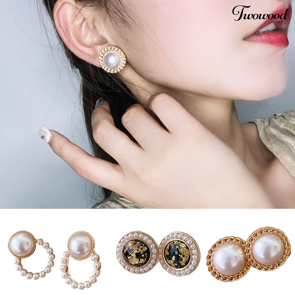 Anting Stud Mutiara Berlian Imitasi Bentuk Geometris Untuk Hadiah Wanita