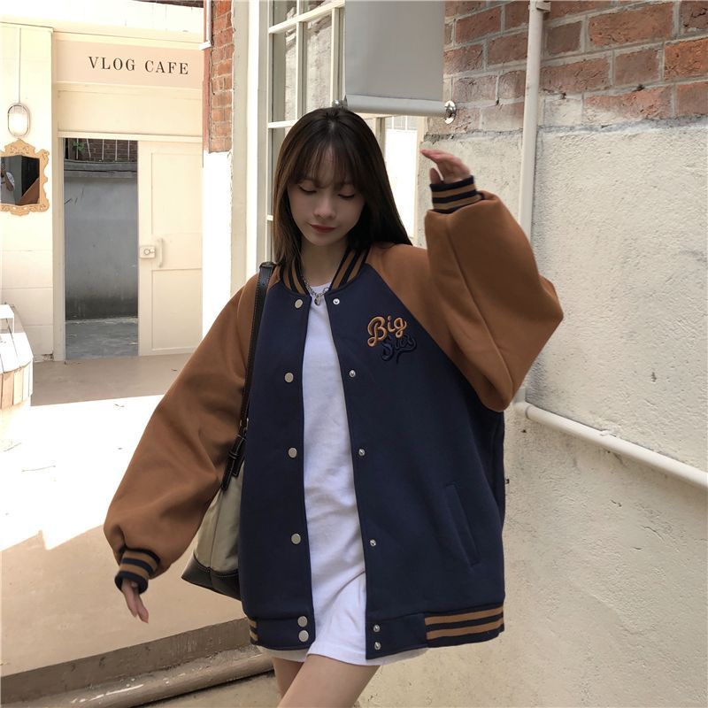 BIG SAY Jaket Baseball Varsity Wanita Oversize- Jaket Bomber Wanita Jumbo bahan Fleece Korean style terbaru