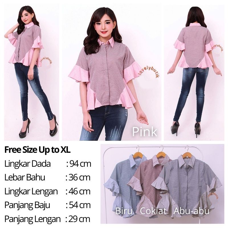 Lovelybutik Gisella Rimple Casual Blouse Kemeja Trendy Wanita Lengan Pendek Motif Kotak