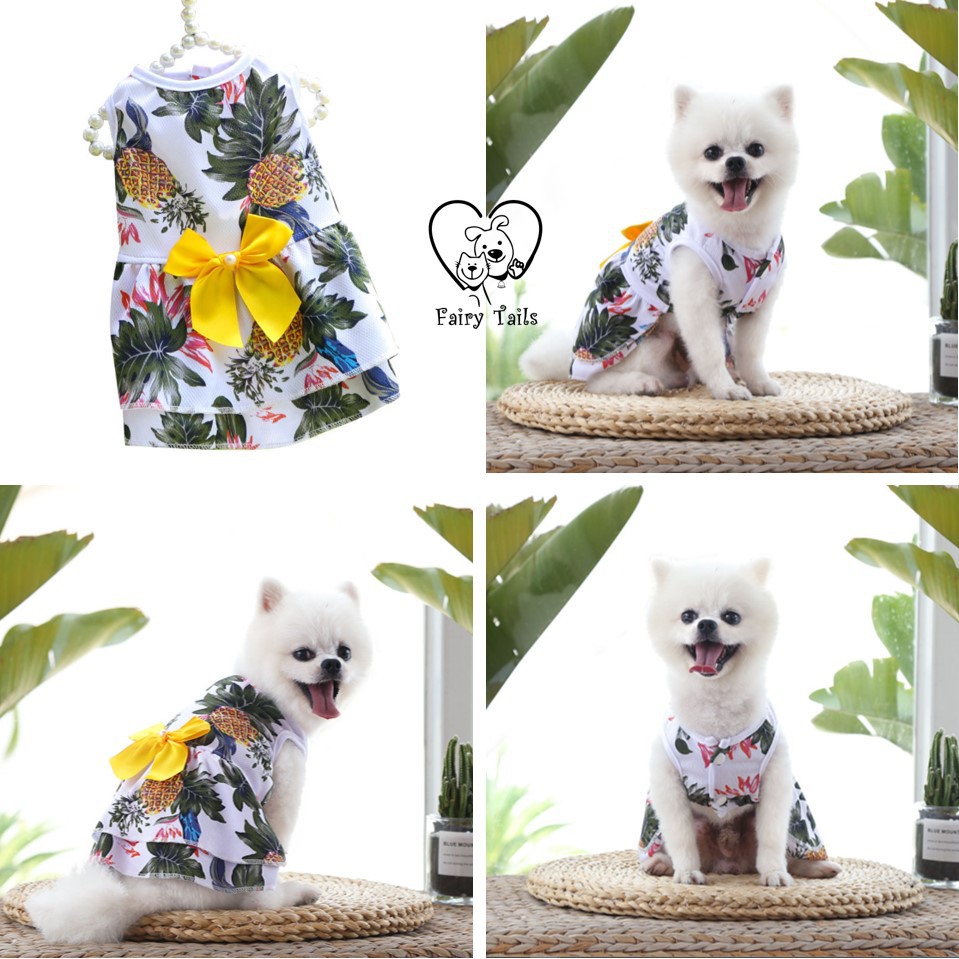 Baju Anjing Kucing Kostum Dress Hawaii dengan Pita | Pet Hawaiian Pineapple Dress