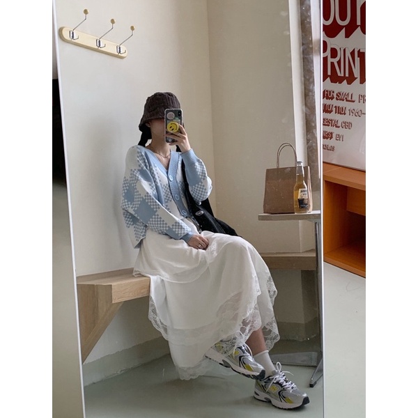 [ready stock] bluemy cardi | atasan rajut knit cardigan crop kotak kotak gaya korea kpop idol aesthetic kekinian-7