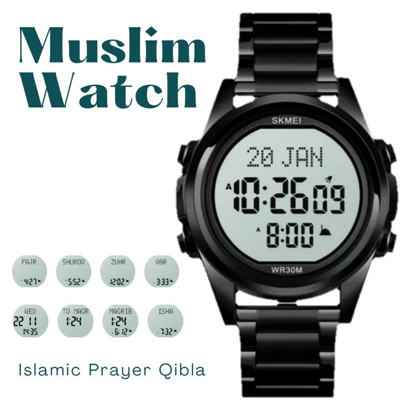 JAM TANGAN NUHA MUSLIM SHOLAT AZAN KIBLAT HITAM