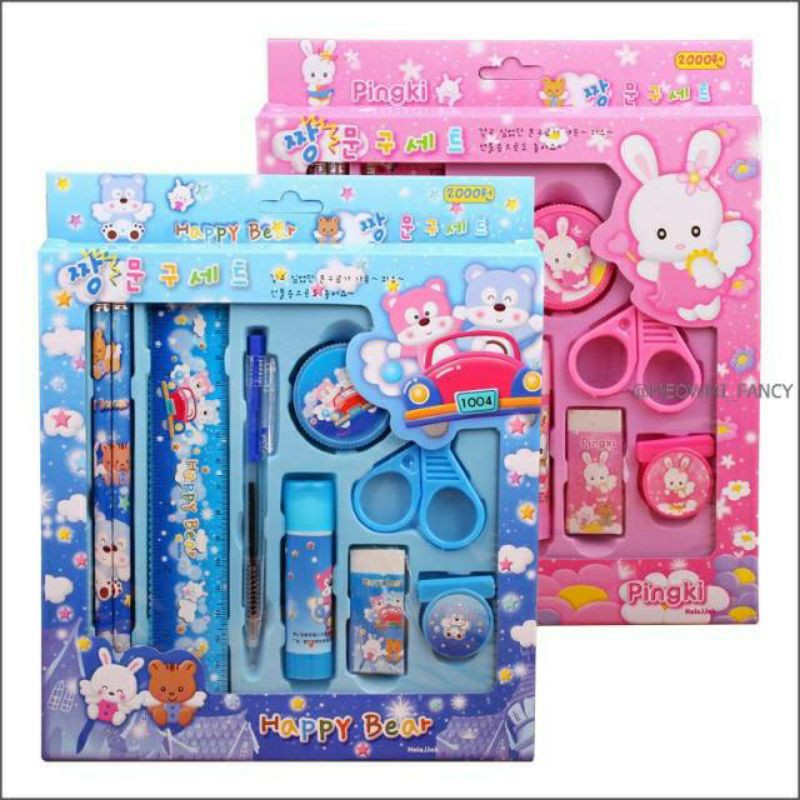 stationery set lucu - alat tulis korea pink blue bear