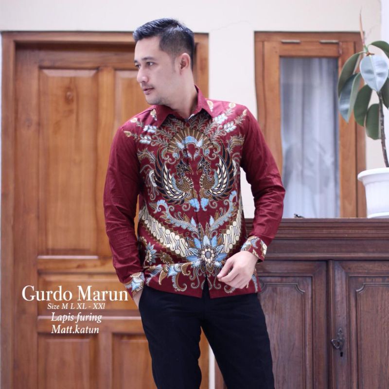 KEMEJA BATIK SOLO PEKSI GURDO GURDHO MERAH MAROON BATIK PRIA SIZE M L XL XXL