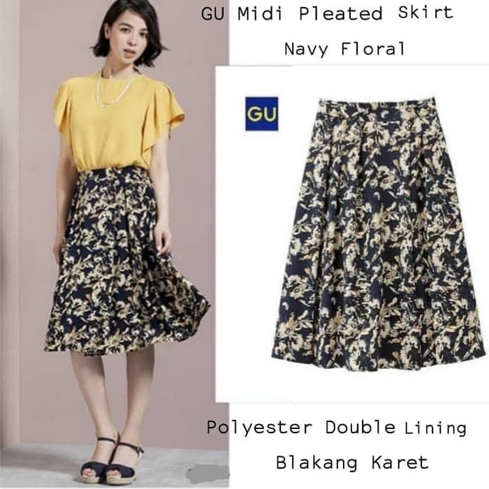 GU MIDI PLEATED SKIRT - NAVY FLORAL - NAVYFLORAL, S
