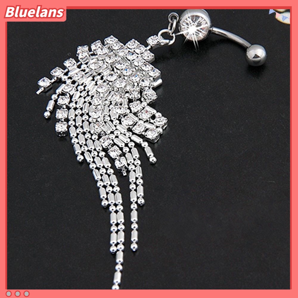 Bluelans Women Rhinestone Tassel Long Chain Dangle Navel Bar Button Belly Ring Jewelry