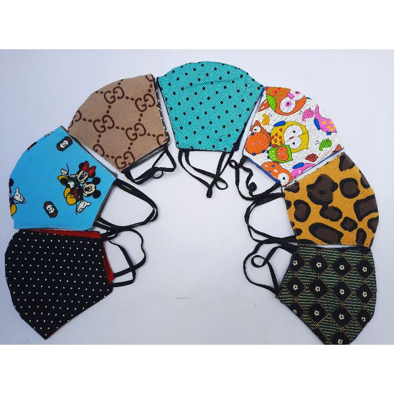 masker kain motif 3lapis/3play,Aerloop,karet kuping,cantolan