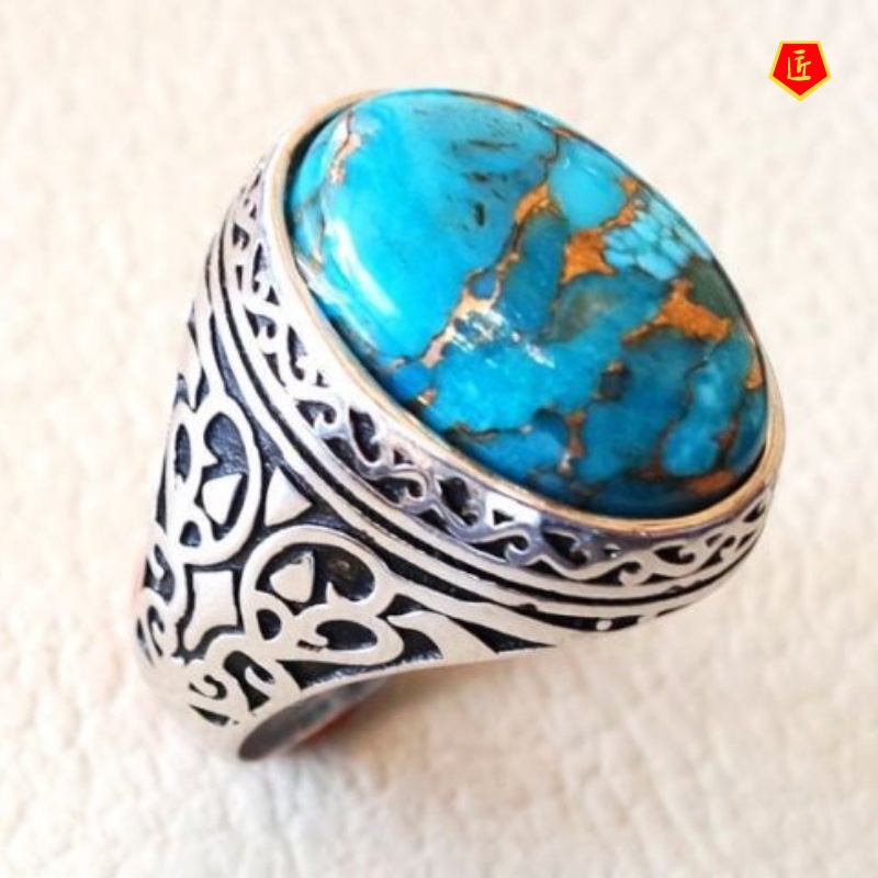 [Ready Stock]Inlaid Turquoise Retro Silver Ring Elegant Graceful