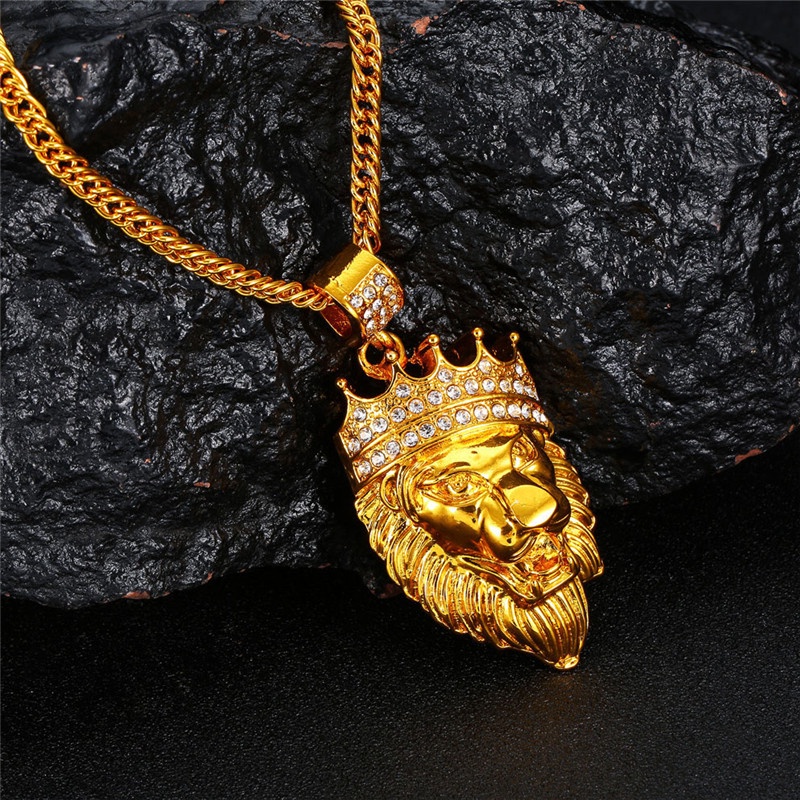 [Ready Stock]Fashion New Gold-Plated Diamond Crown Lion's Head Pendant Necklace