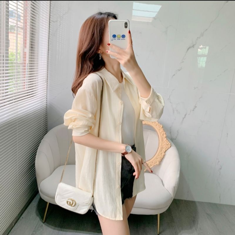 Saku Kemeja Wanita/Blus kemeja linen 2021 Kualitas tinggi Wanita/Atasan wanita kantor Wanita chic lengan panjang-KMJ Linen_Cream