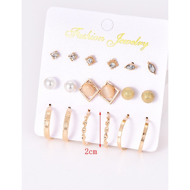 LRC Anting Set Fashion Gold Color Round Shape Decorated (9pairs) F13223