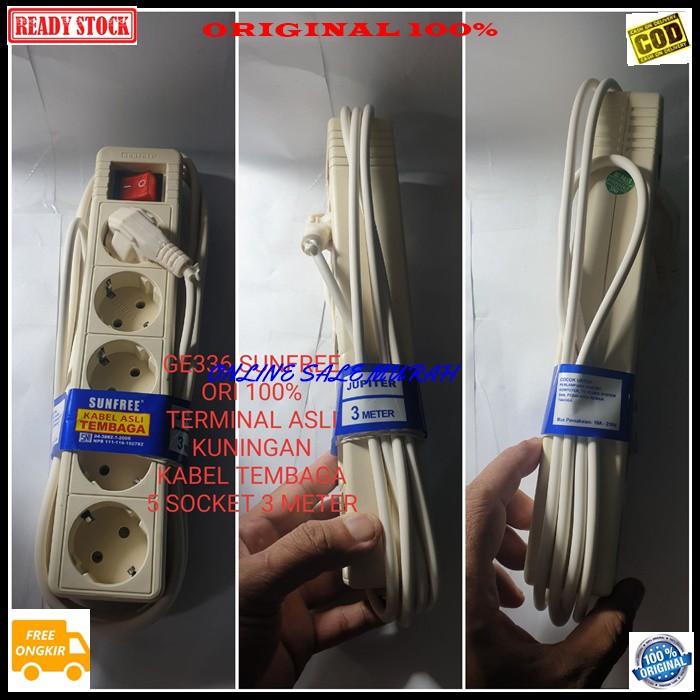 G336 Sunfree ori 100% Terminal kuningan saklar 5 lubang 3 meter socket colokan stop kontak listrik elektronik elektrik kualitas original on off lampu  Harga satuan  merupakan terminal / stop kontak yg sdh diakui. Kualitas nya yg baik membuat terminal ini