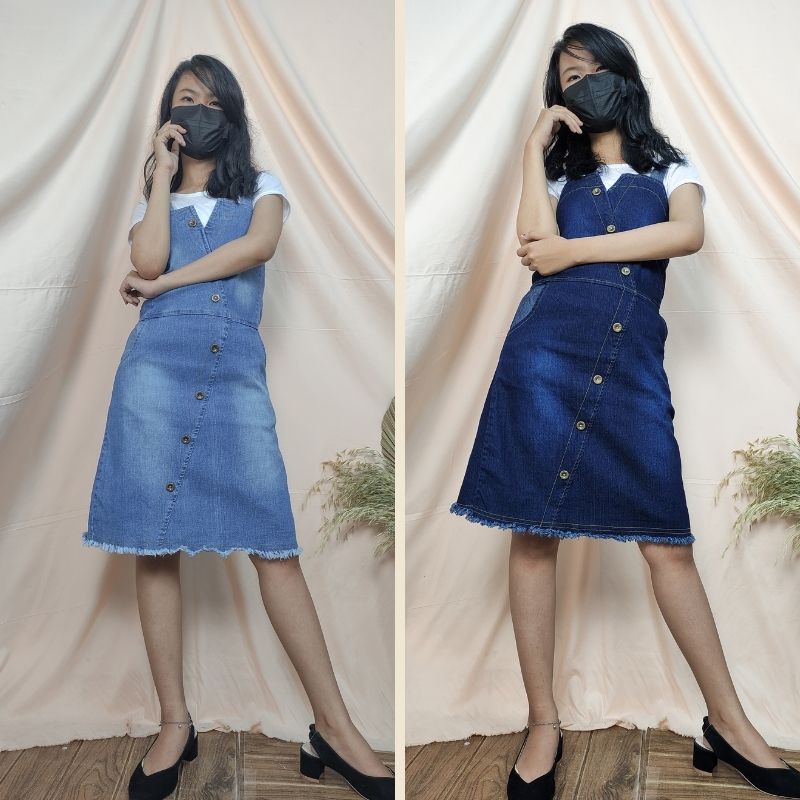 SB Collection Overall Dress Midi Andini Pendek Jeans Jumpsuit Wanita Biru Muda dan Tua