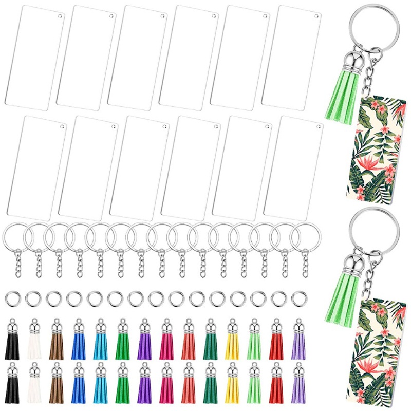 SIY  Acrylic Keychain Blanks with Key Rings Rectangle Clear Discs Circles Colorful Tassel Pendants for DIY Projects Crafts