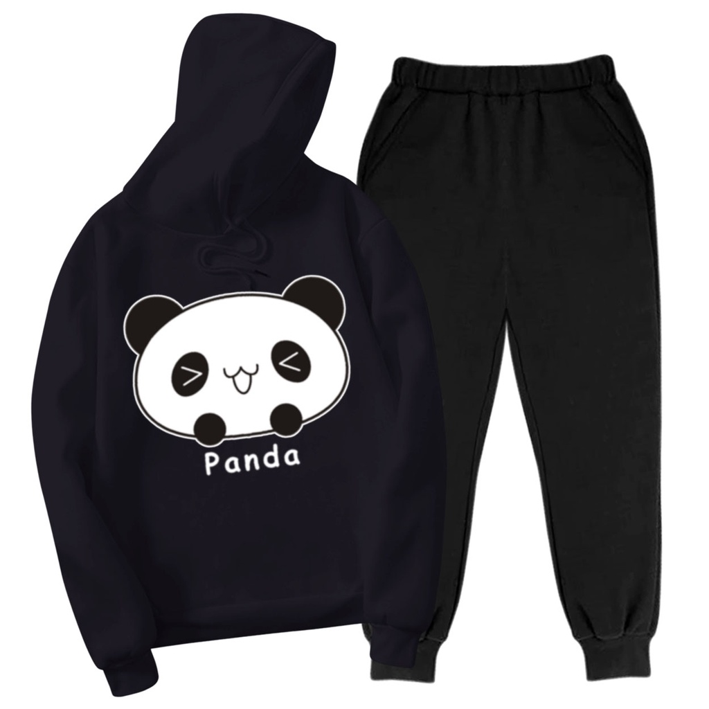 BESS - Setelan Hoodie Wanita Murah / Setelan Hoodie + Jogger Hitam - PANDA CUTE