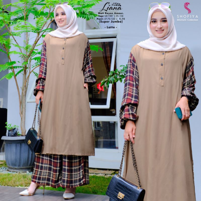 SETELAN SUPER JUMBO TUNIK RAYON POLOS + KULOT MOTIF KOTAK-KOTAK LIANA BY SHOFIYA