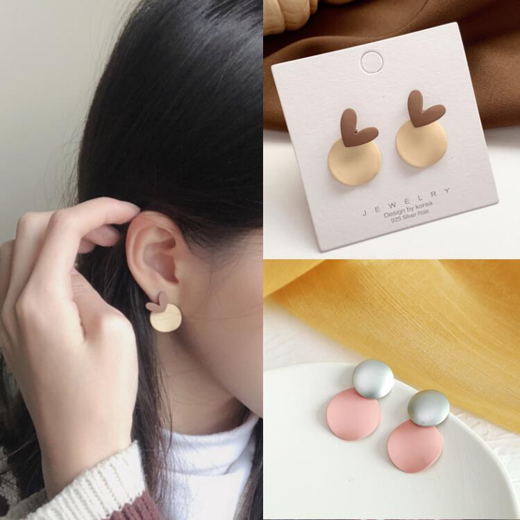 S925 Jarum Perak Anting Cakram Merah Muda Anting Gadis Cinta Bengkak Karamel Aksesoris Ceruk Geometris Mode Korea