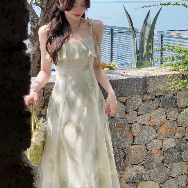 Sling mid-length rok peri mengacak-acak dicetak rok sifon wanita 2022 musim semi dan musim panas gau