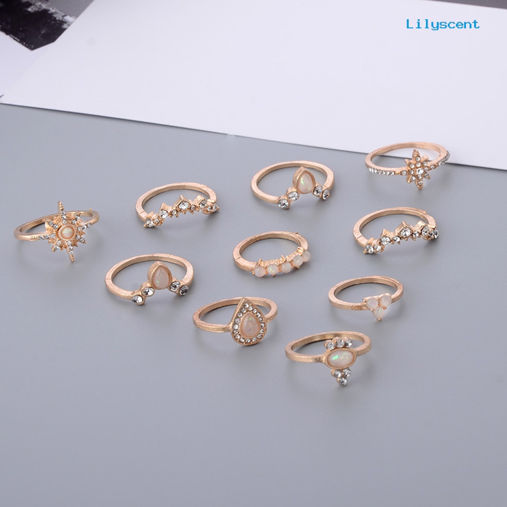 10pcs / Set Cincin Buku Jari Aneka Bentuk Aksen Berlian Imitasi Untuk Wanita