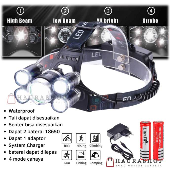 Paket Senter Kepala 5 LED Cas Super Terang XM-L T6 + 4XPE 40000 Lumens Headlamp Full Set 5 LED