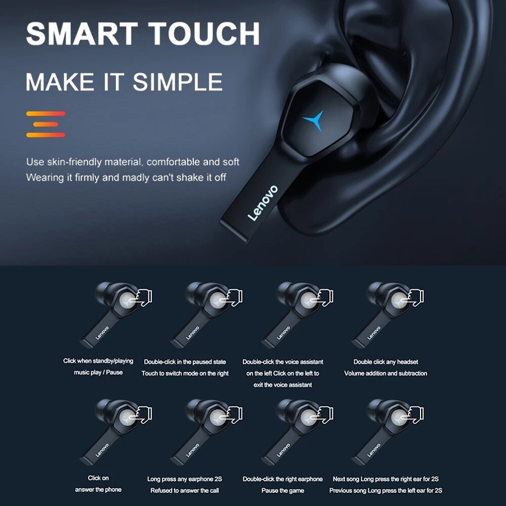 Lenovo True Wireless Gaming Earbuds HiFi Waterproof - HQ08 - Black