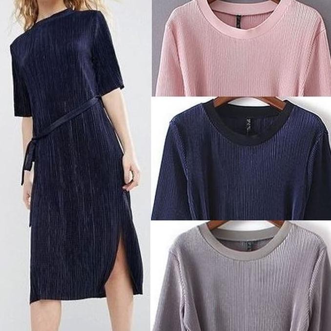 Super Import Loose Plisket Belt Midi Dress Grey Gaun Pesta Prisket Big Size - Navy, M Sale