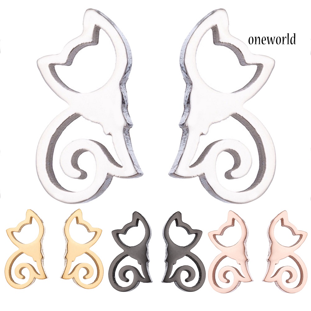 OW@ Minimalist Hollow Cat Stainless Steel Stud Earrings Cute Animal Women Jewelry