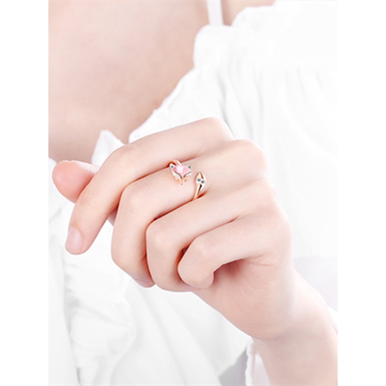 Cincin Sterling Silver 925 Desain Rubah Hias Kristal Zircon Agate Adjustable Untuk Wanita