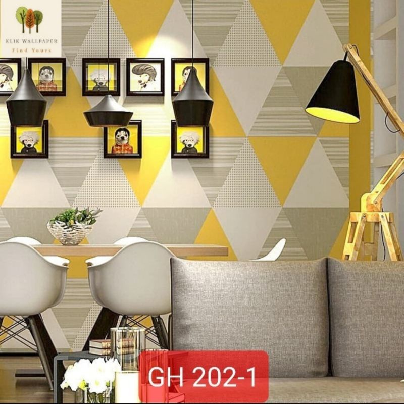 Wallpaper sticker GH 202-1 segitiga kuning abu abu modern minimalis