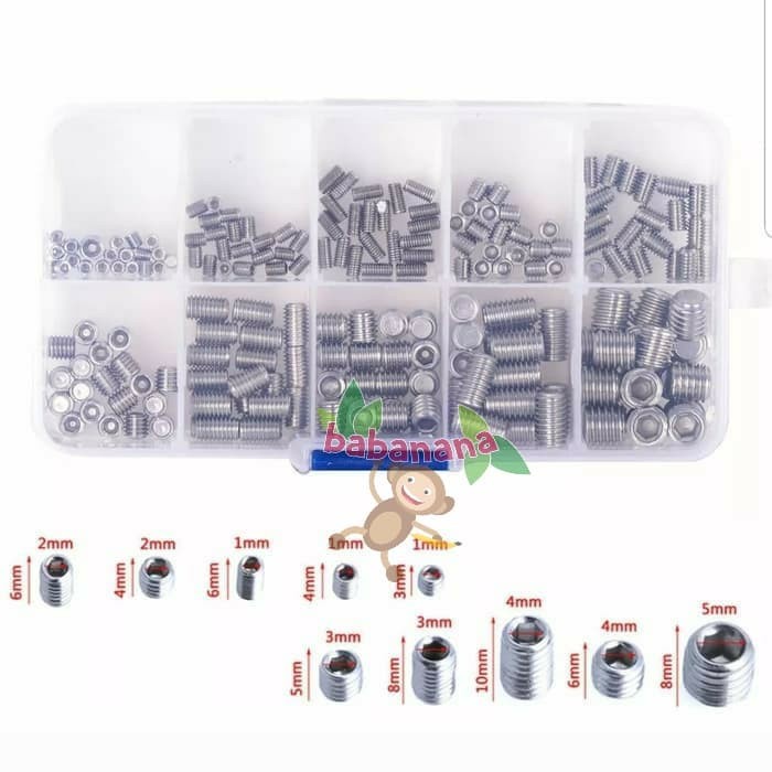 200pcs Stainless Steel Hex Socket Set Screw Grub Screws Assortment Kit