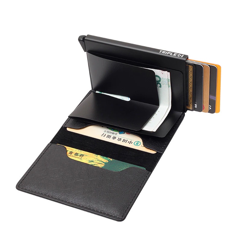 TRIPLEDI Dompet Kartu Lontar Anti Scan RFID Block Auto Pop Up Card Holder ATM KTP STNK NPWP Case Aluminium Leather