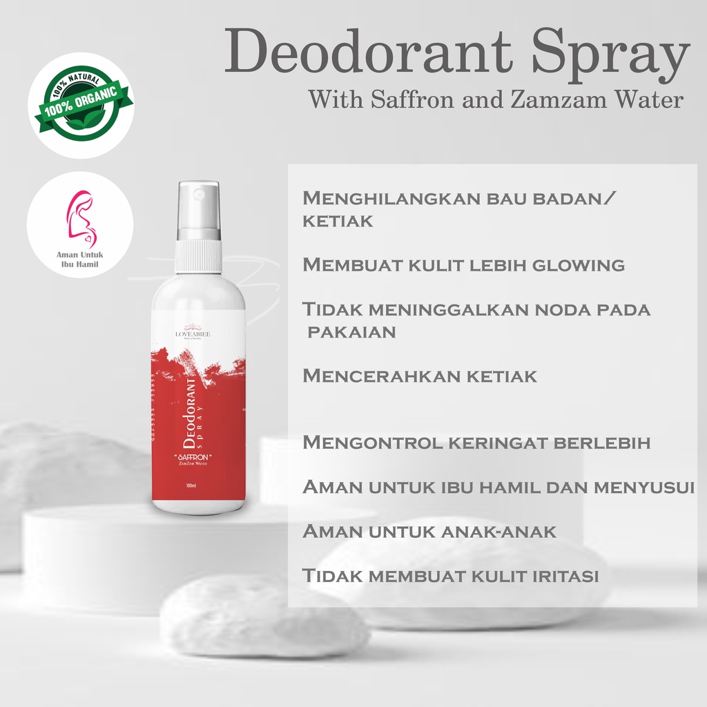 Deodorant Spray 100ml dengan saffron zamzam water mencegah bau badan, keringat berlebih LOVEABIEE deodoran dapat mencerahkan ketiak tidak bau walaupun dipakai 24 jam