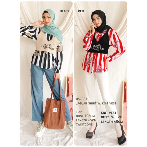 MDLV ~ KEMEJA DAN ROMPI RAJUT 05738 JGR SHIRT W KNIT VEST / KEMEJA SET ROMPI / FASHION IMPORT WANITA