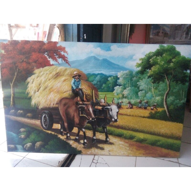 lukisan cikar pemandangan sawah